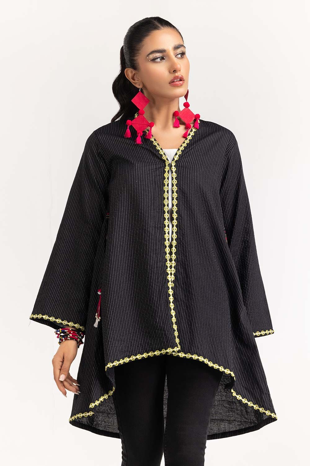 Dyed Cotton Stripes Embroidered Shirt