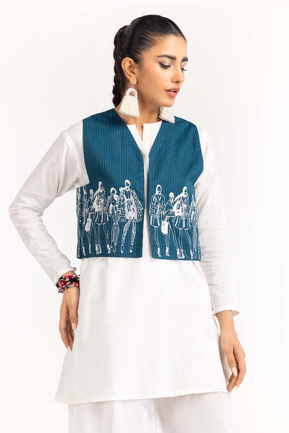 Cotton Striped Embroidered Waist Coat