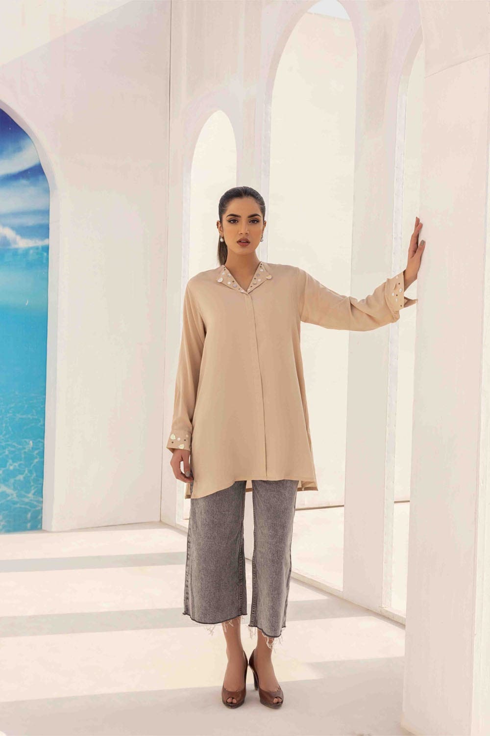 Dyed Blended Georgette Embelished Shirt GLS-24-19