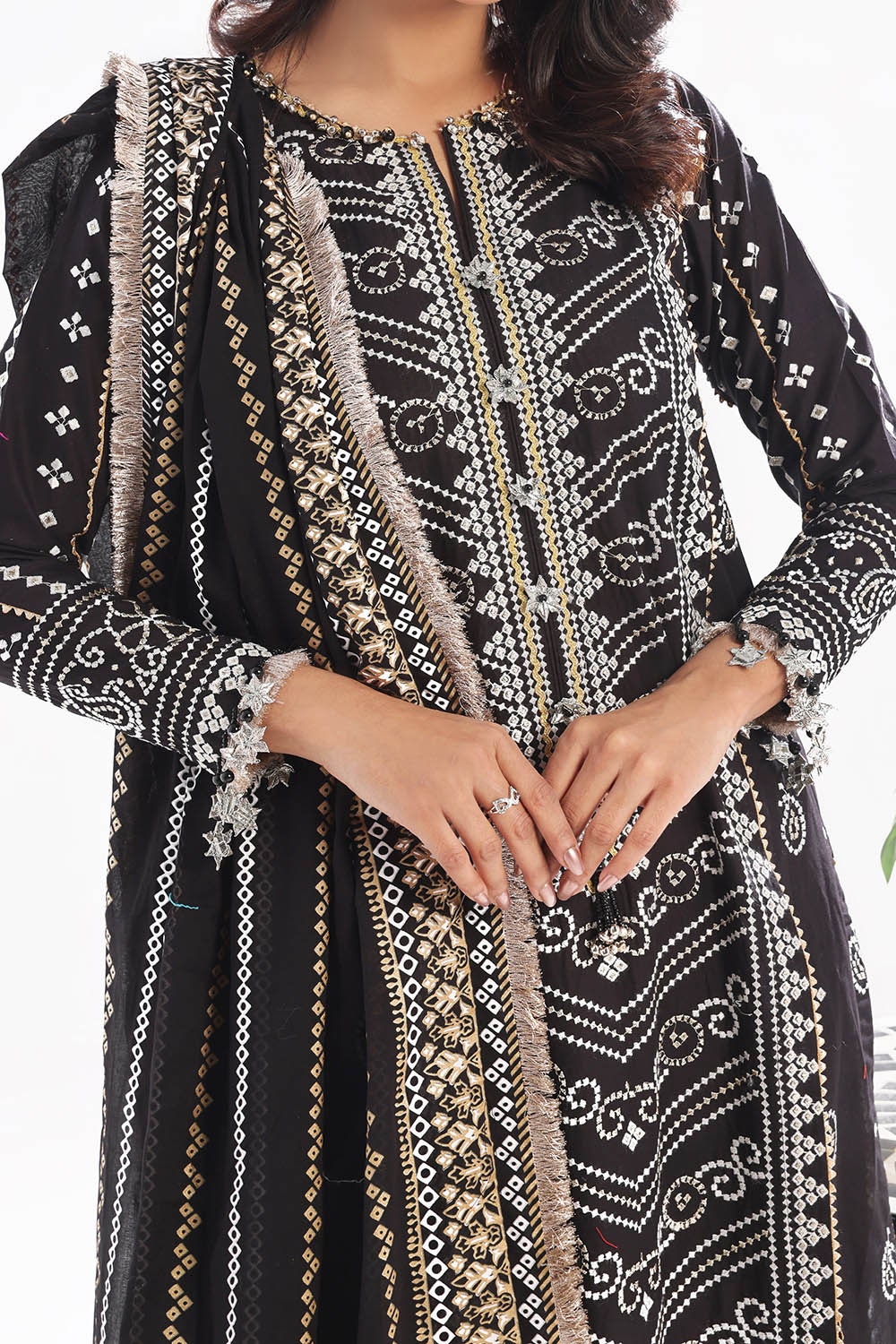 3 Piece Unstitched Zari Embroidered Lawn Suit with Gold Lacquer Printed Lawn Dupatta  CL-52407