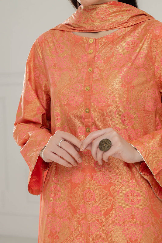 3 Piece Unstitched Gold and Lacquer Printed Lawn Suit CL-52358-B