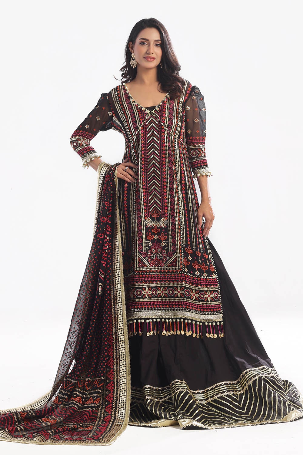 3 Piece Unstitched Embroidered Chiffon Suit with Gold Lacquer Embroidered Printed Chiffon Dupatta BM-52011