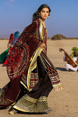 3 Piece Unstitched Embroidered Chiffon Suit with Gold Lacquer Embroidered Printed Chiffon Dupatta BM-52011