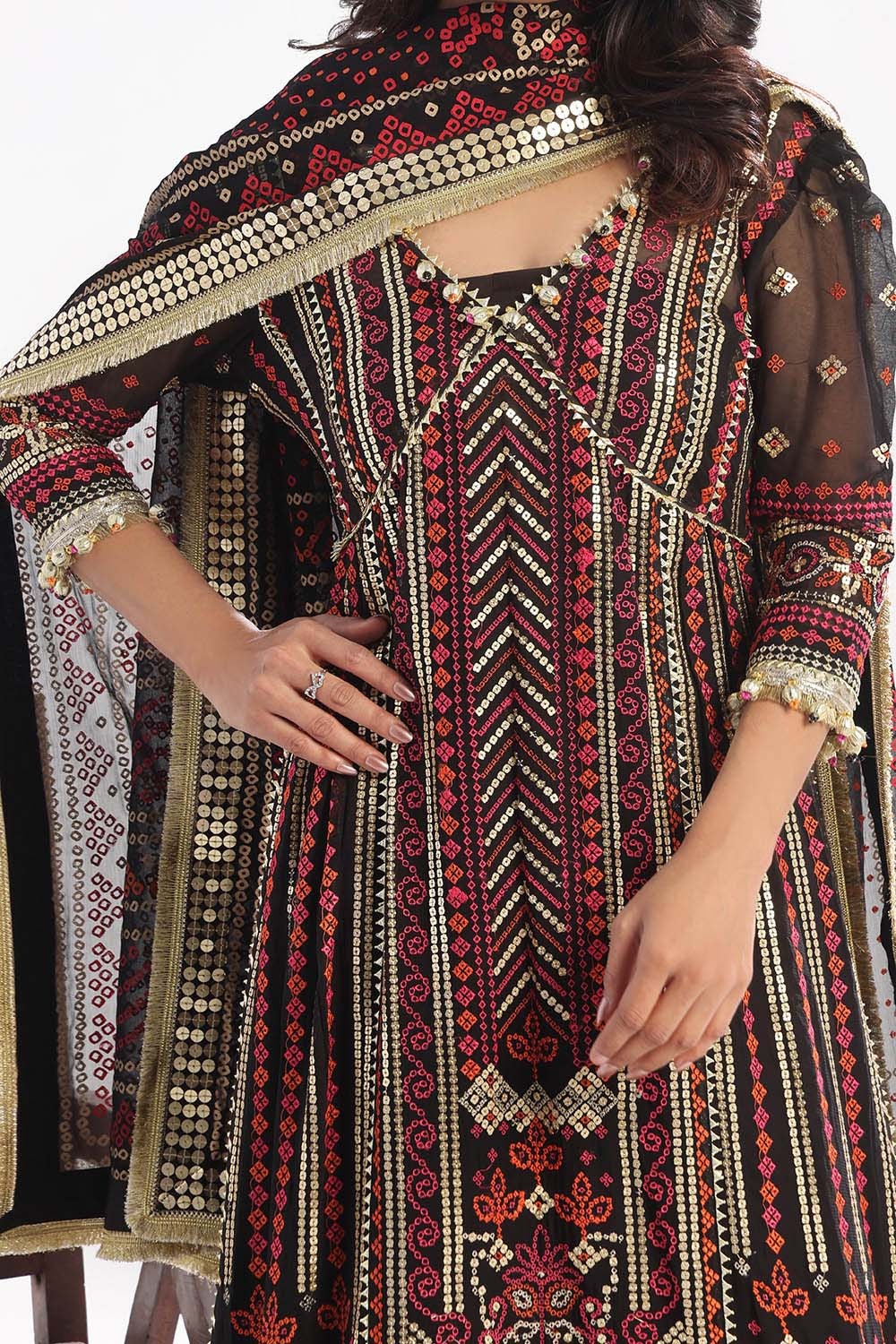 3 Piece Unstitched Embroidered Chiffon Suit with Gold Lacquer Embroidered Printed Chiffon Dupatta BM-52011