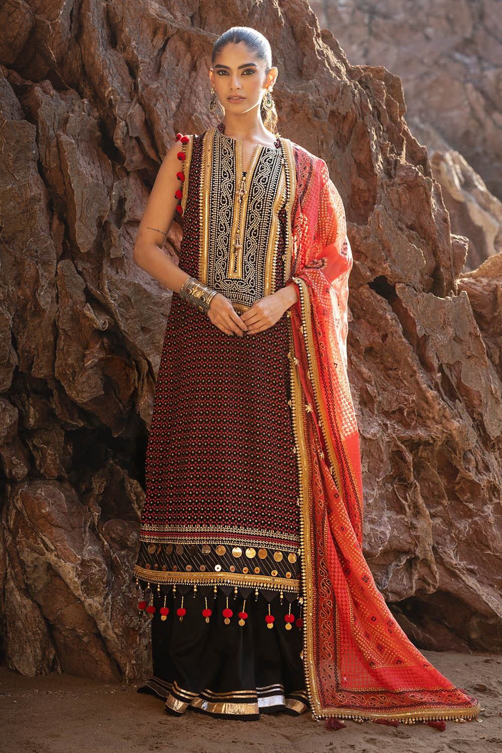 3 Piece Unstitched Embroidered Chiffon Suit with Gold Lacquer Embroidered Printed Chiffon Dupatta BM-52017