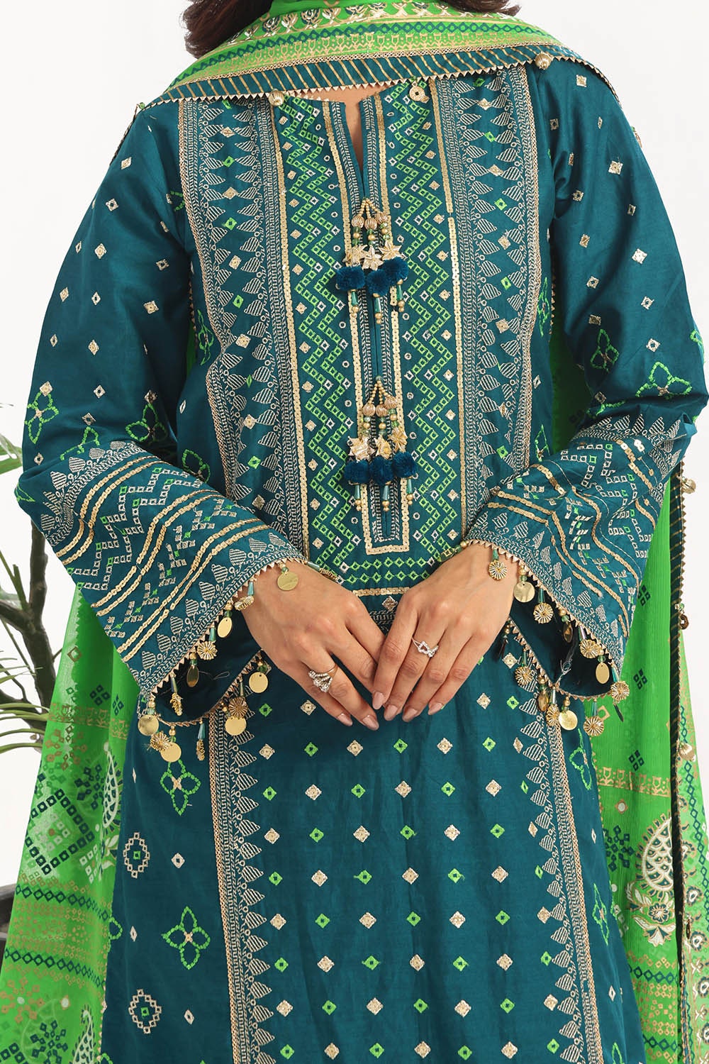 3 Piece Unstitched Embroidered Lawn Suit with Gold Lacquer Embroidered Printed Chiffon Dupatta BM-52025