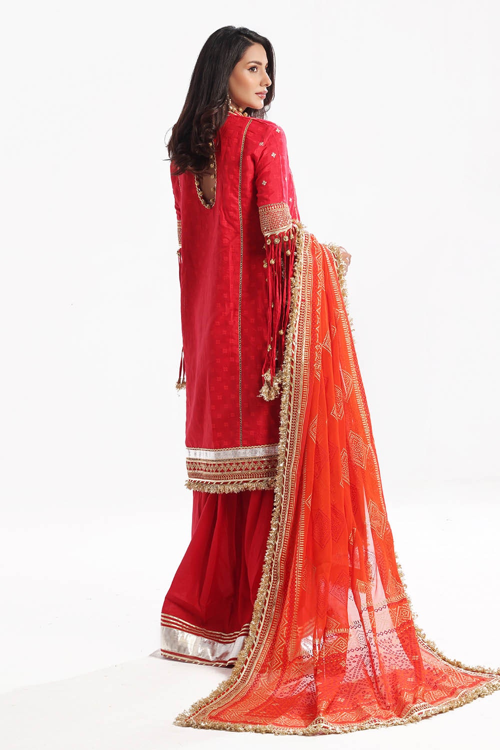 3 Piece Unstitched Embroidered Raw Silk Suit with Gold Lacquer Embroidered Printed Chiffon Dupatta BM-52019