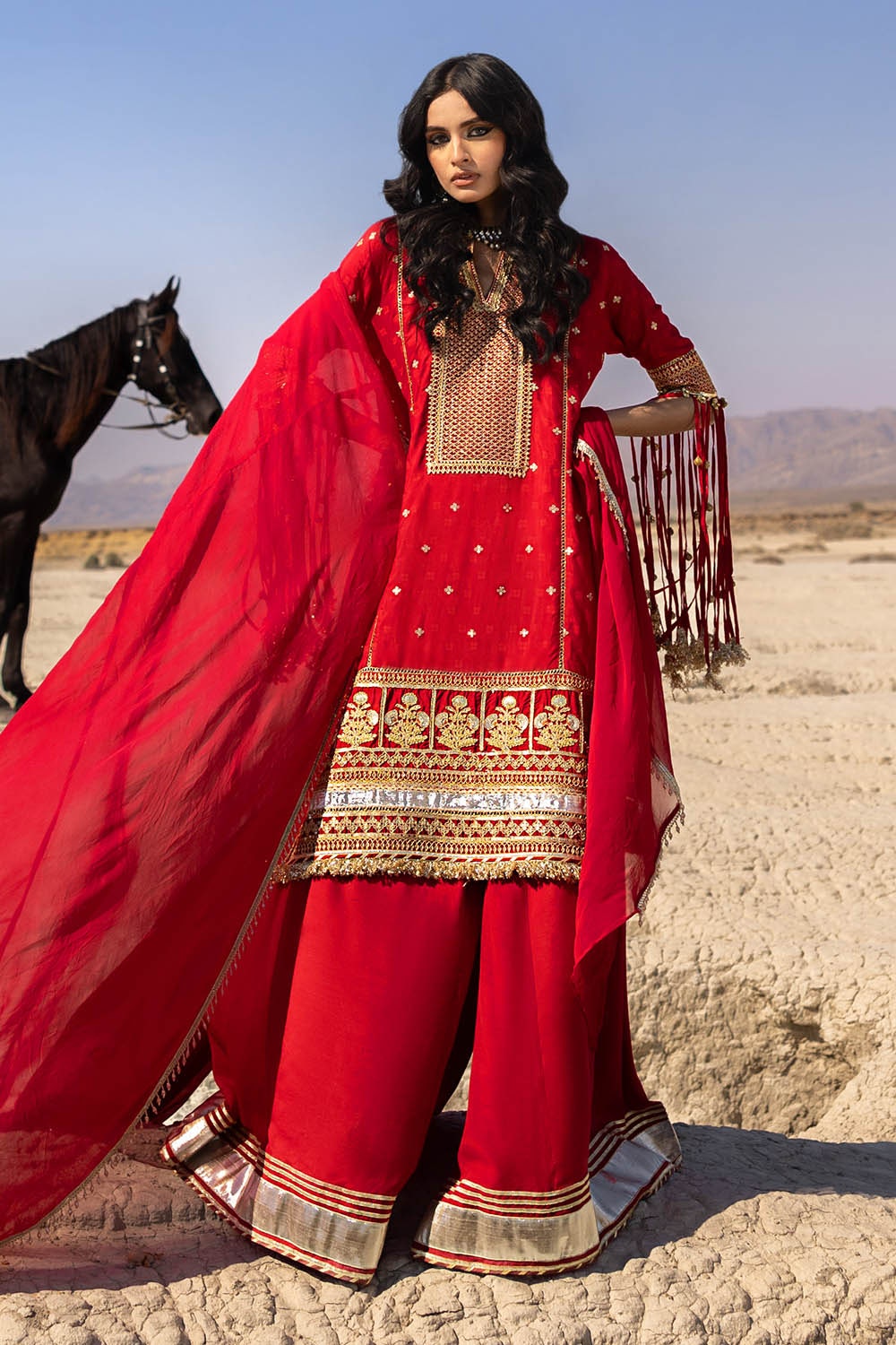 3 Piece Unstitched Embroidered Raw Silk Suit with Gold Lacquer Embroidered Printed Chiffon Dupatta BM-52019