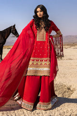 3 Piece Unstitched Embroidered Raw Silk Suit with Gold Lacquer Embroidered Printed Chiffon Dupatta BM-52019