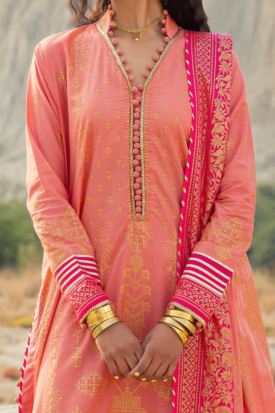 3 Piece Unstitched Gold Printed Lawn Suit