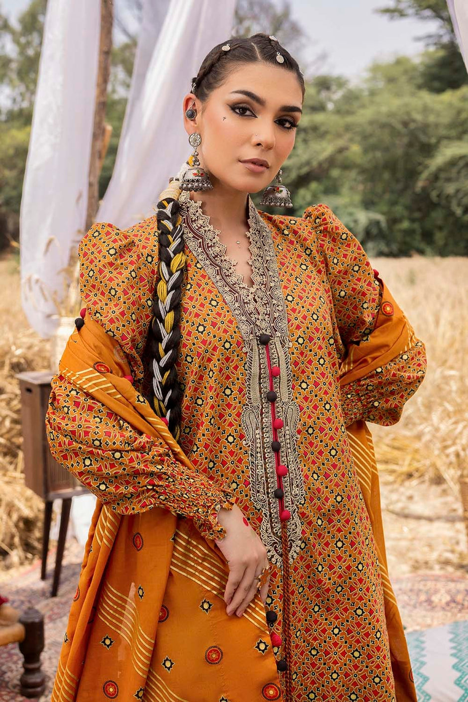 3 Piece Unstitched Embroidered Gold Printed Lawn Suit