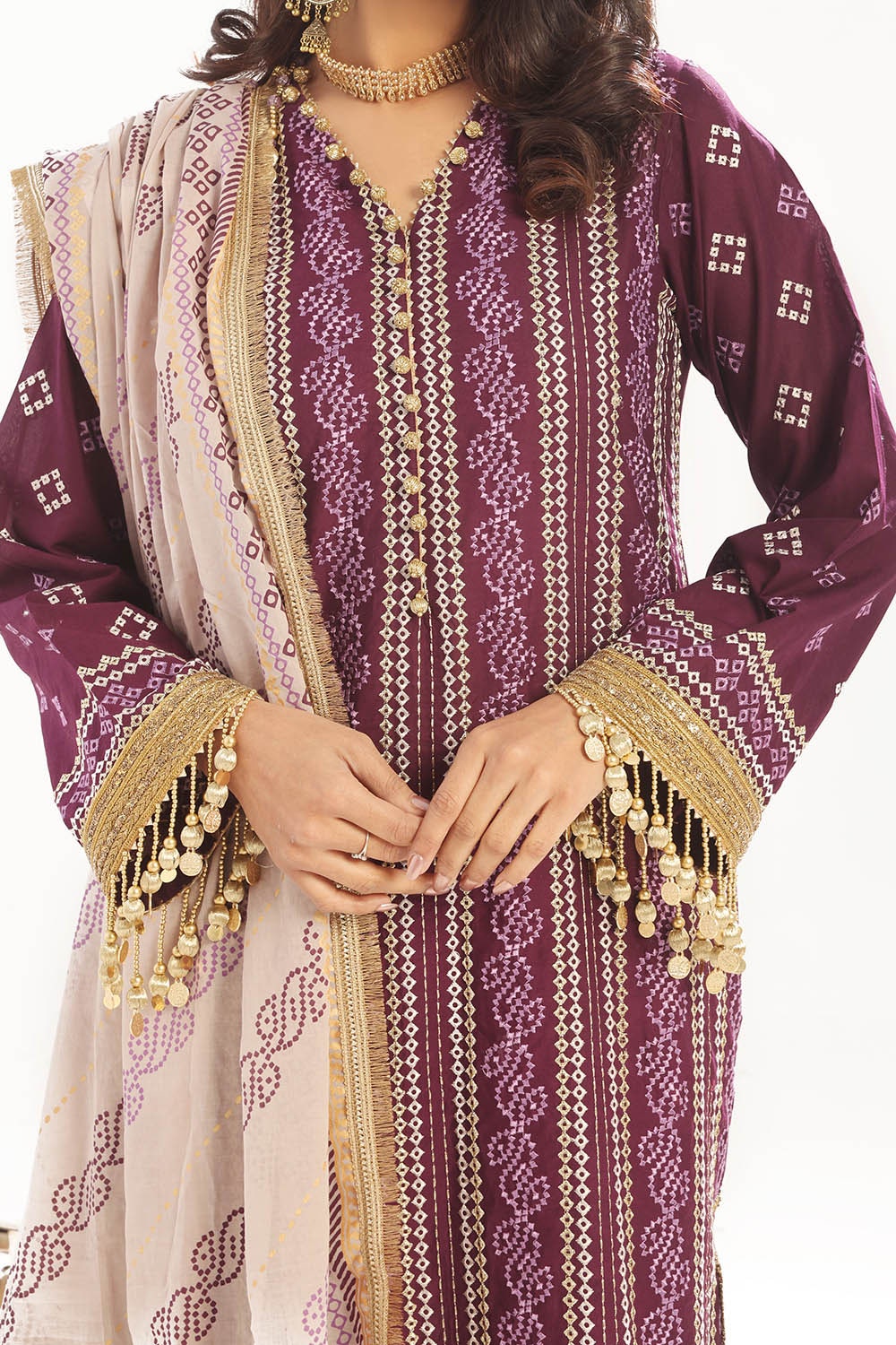 3 Piece Unstitched Zari Embroidered Lawn Suit with Gold Printed Lawn Dupatta  CL-52413