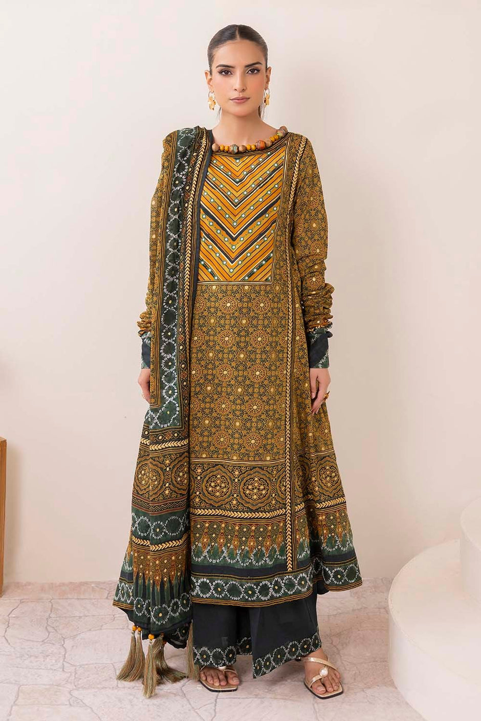 3 Piece Unstitched Gold Printed Lawn Suit