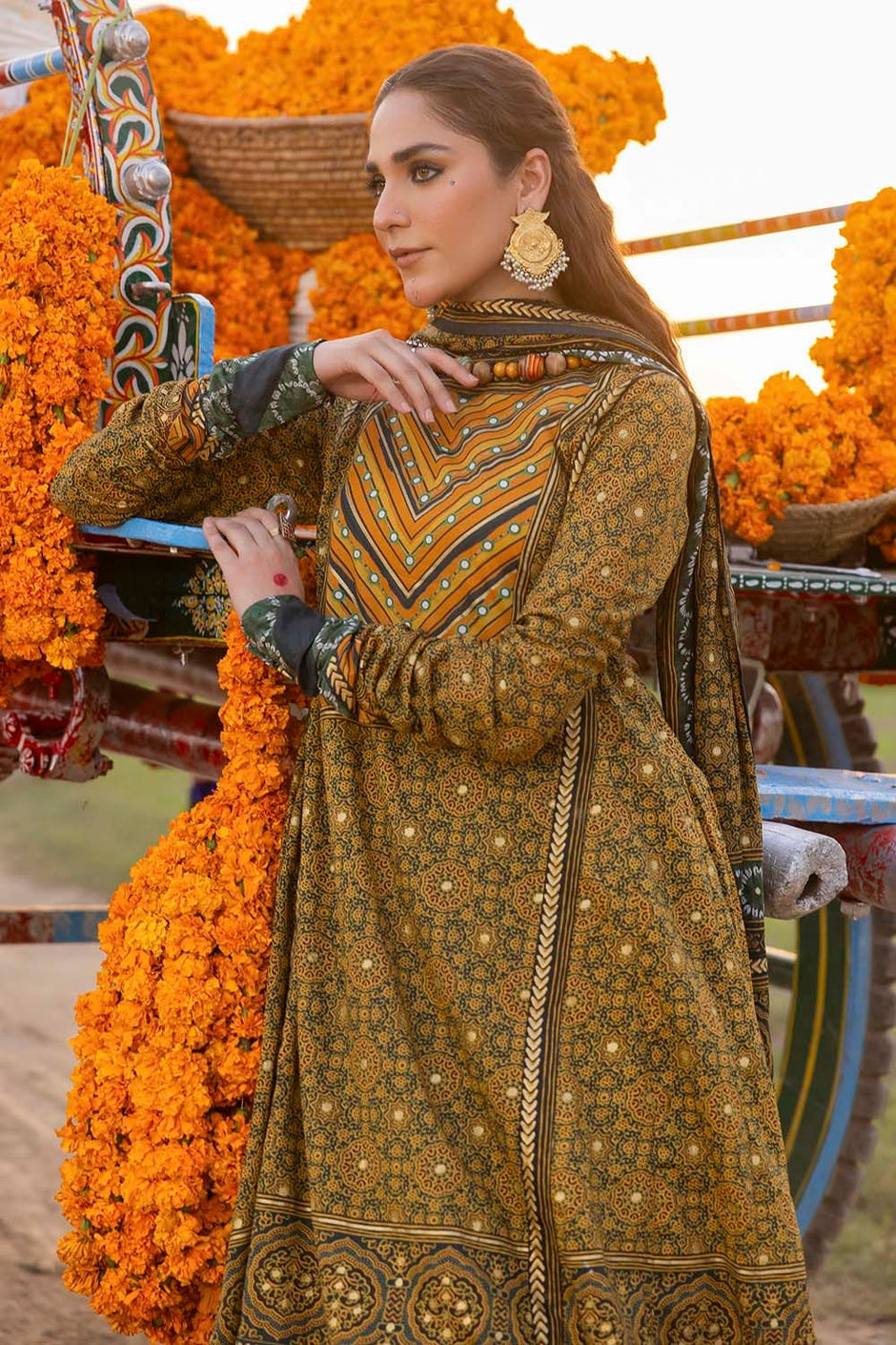3 Piece Unstitched Gold Printed Lawn Suit