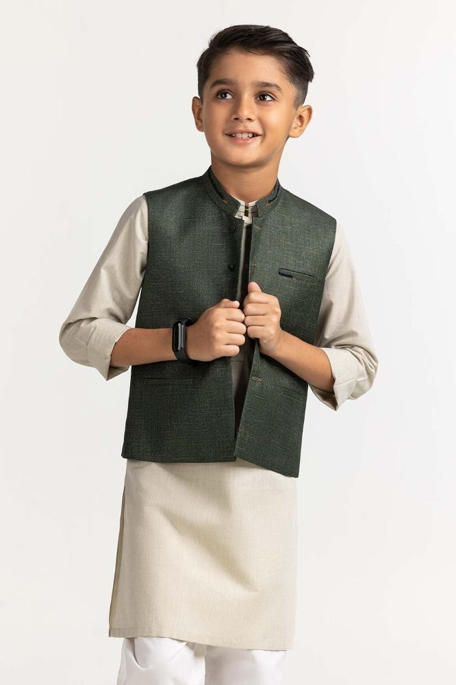 Gul Ahmed Green Styling Waist Coat KWC-PD23-017, view 1
