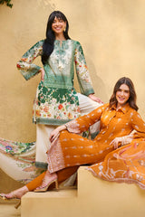 3 Piece Unstithed Embroidered Lawn Suit with Printed Pure Silk Chiffon Dupatta C-52002