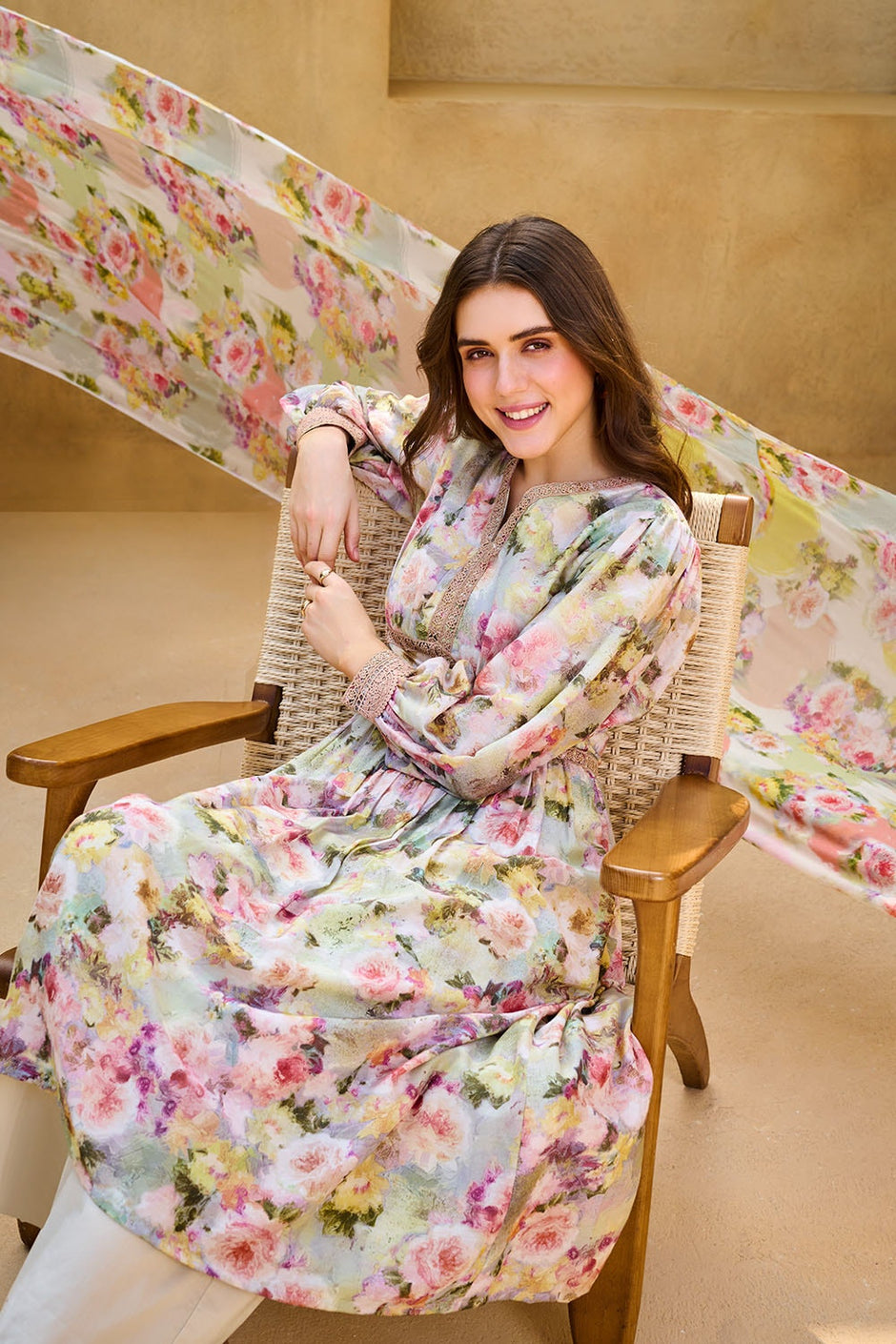3 Piece Unstitched Printed Pure Bamboo Silk Suit with Printed Chiffon Dupatta
