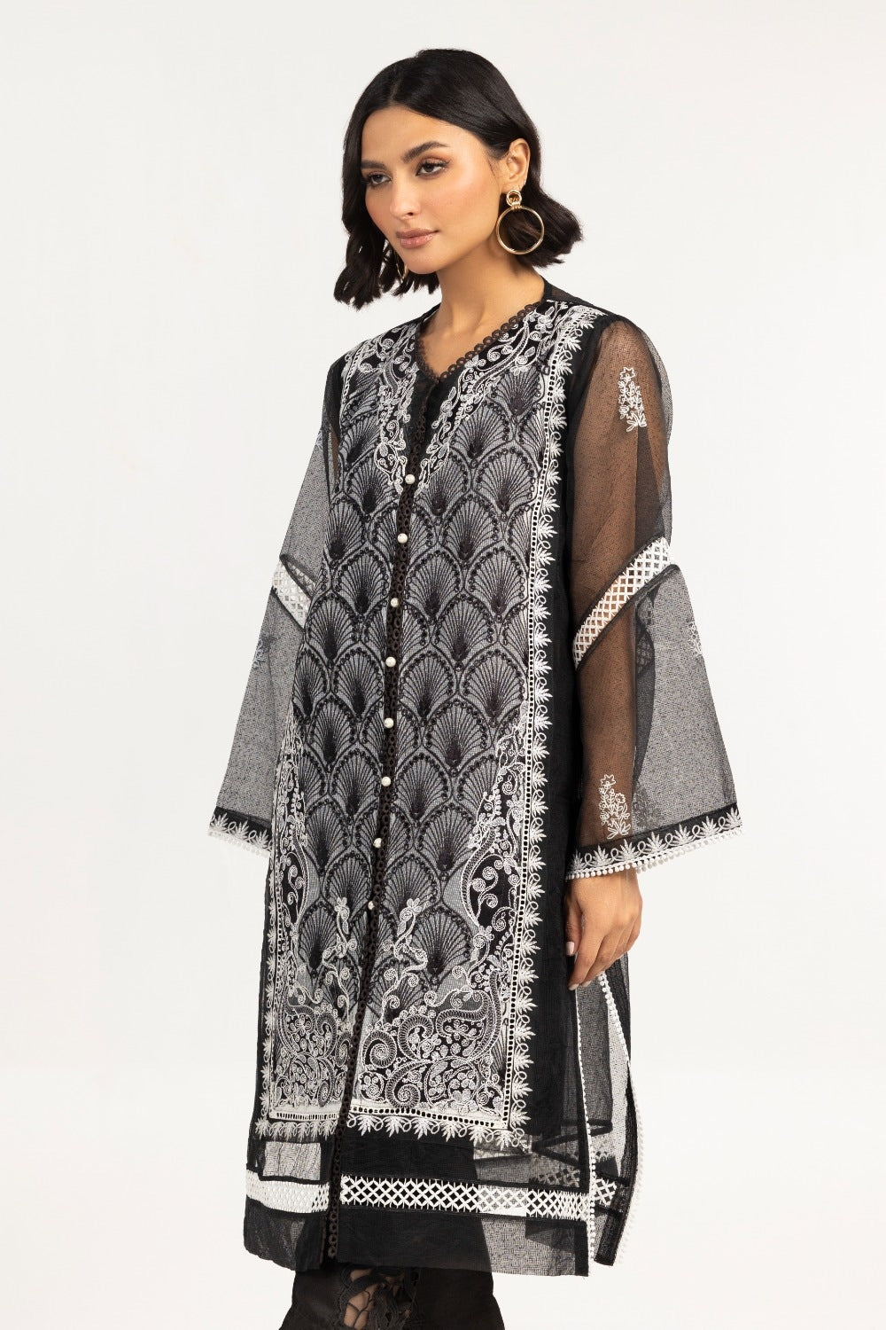 Luxury Pret Plain Net Embroidered Shirt