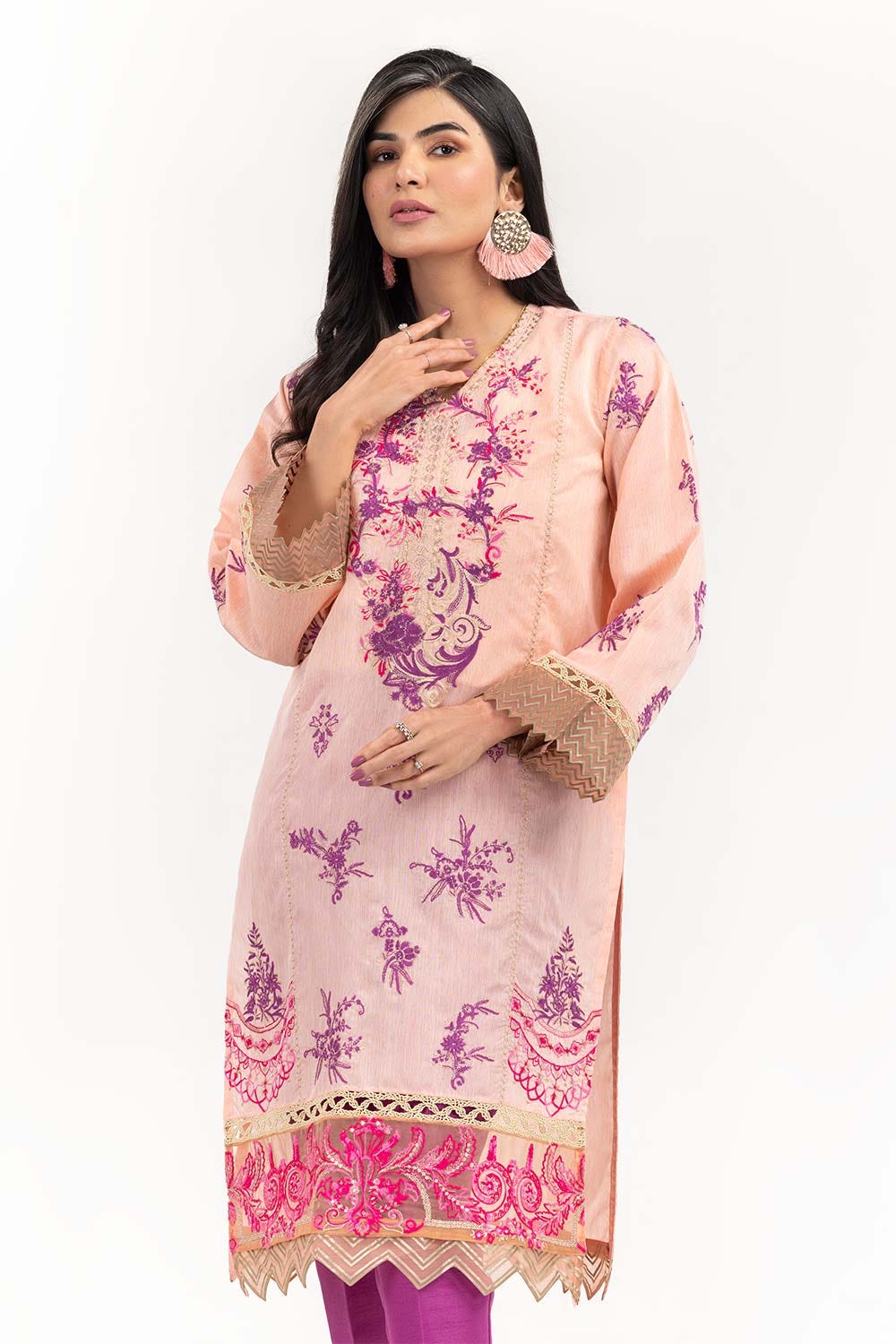 Luxury Pret Dyed Cotton Silk Yarn Dyed Embroidered Kurti And Trouser