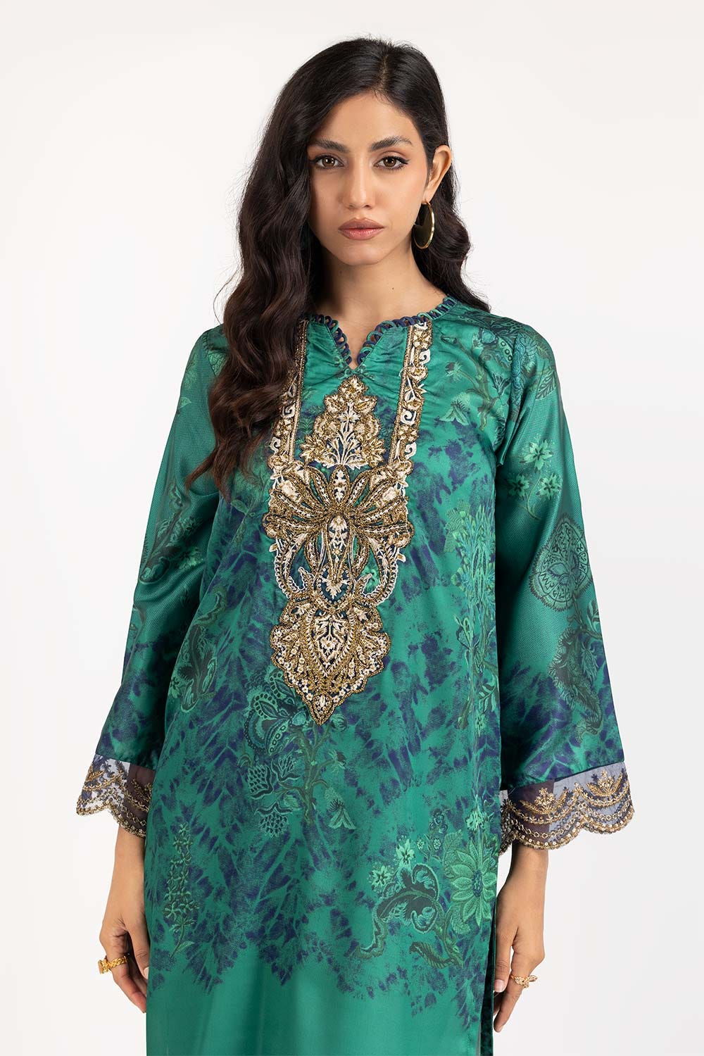 2 Piece Luxury Pret Printed Charmeuse Silk Embroidered Shirt with Trouser ILP-22-195