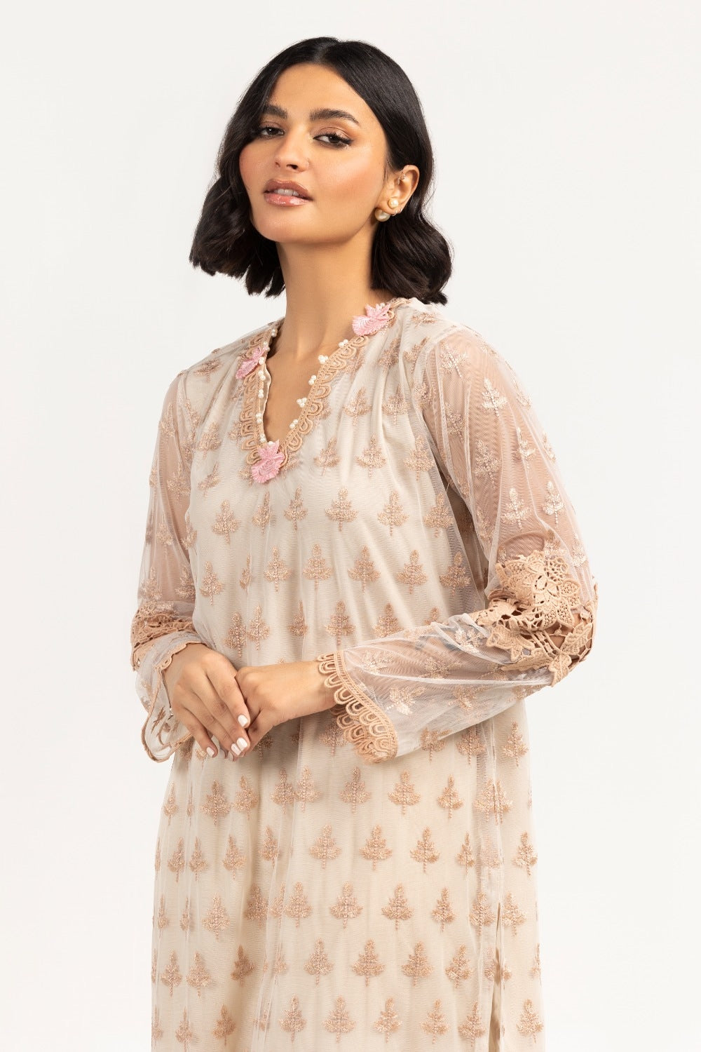 Luxury Pret Poly Net Embroidered Shirt