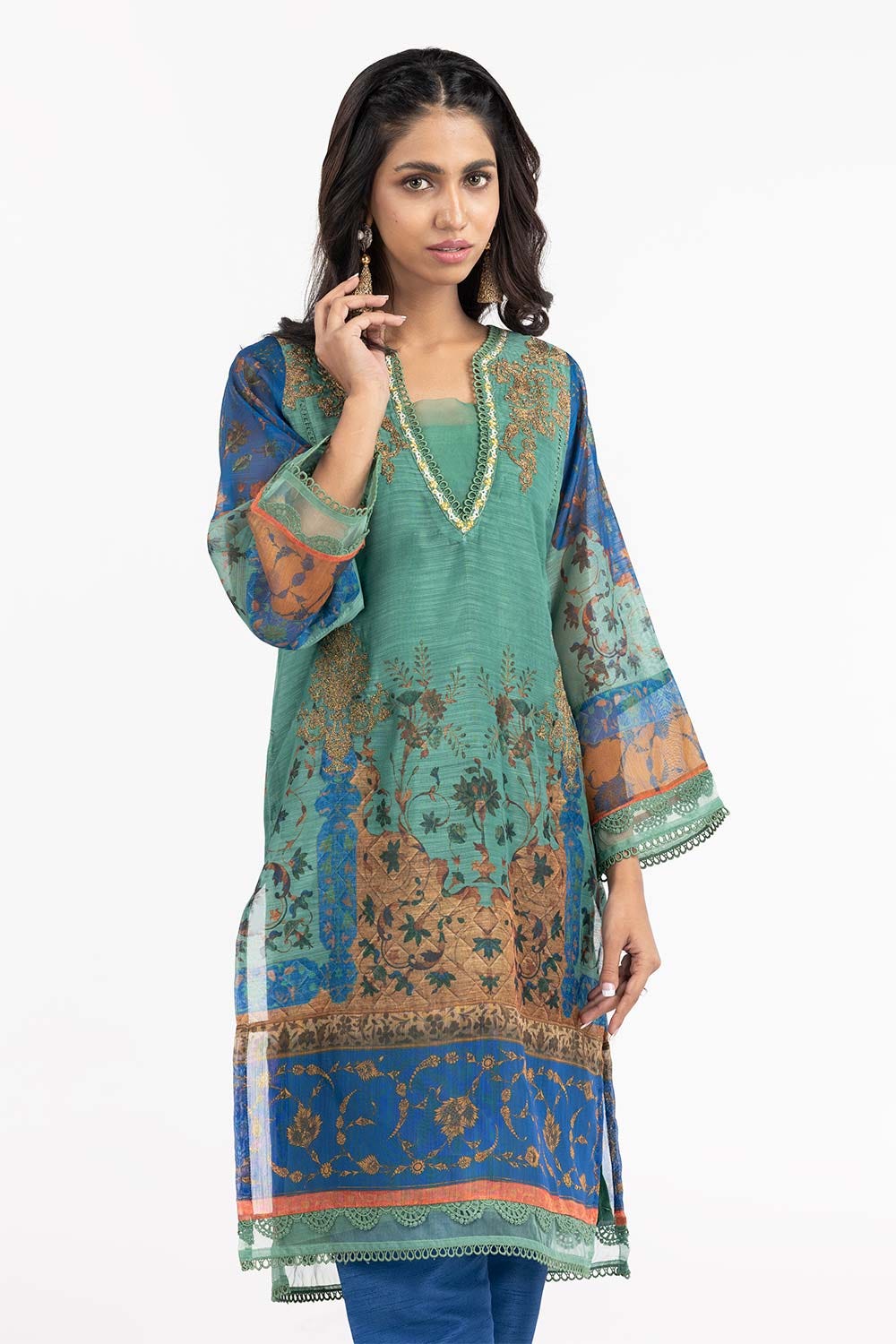 Luxury Pret Printed Munar Embroidered Kurti With Trouser