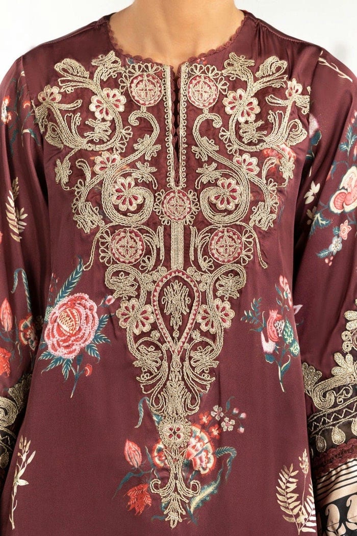 Luxury Pret Printed Charmeuse Silk Embroidered Shirt and Rawsilk trouser