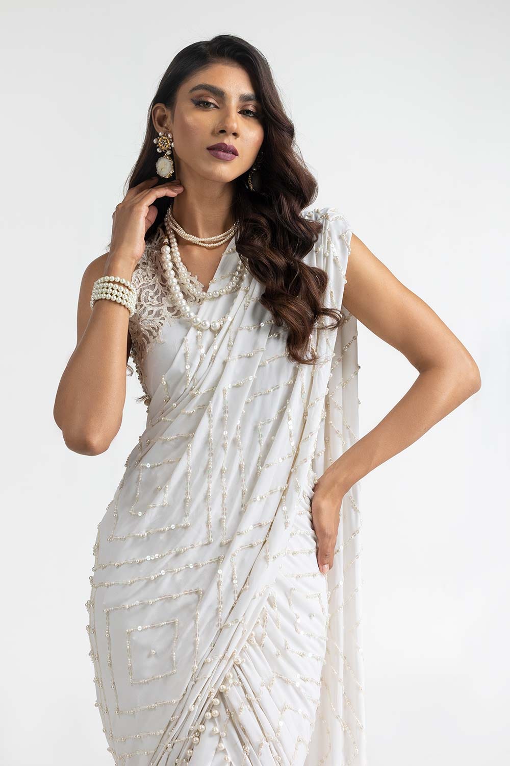 Stitched Embellished Saree and Petti Coat With Ready-to-Stitch Blouse