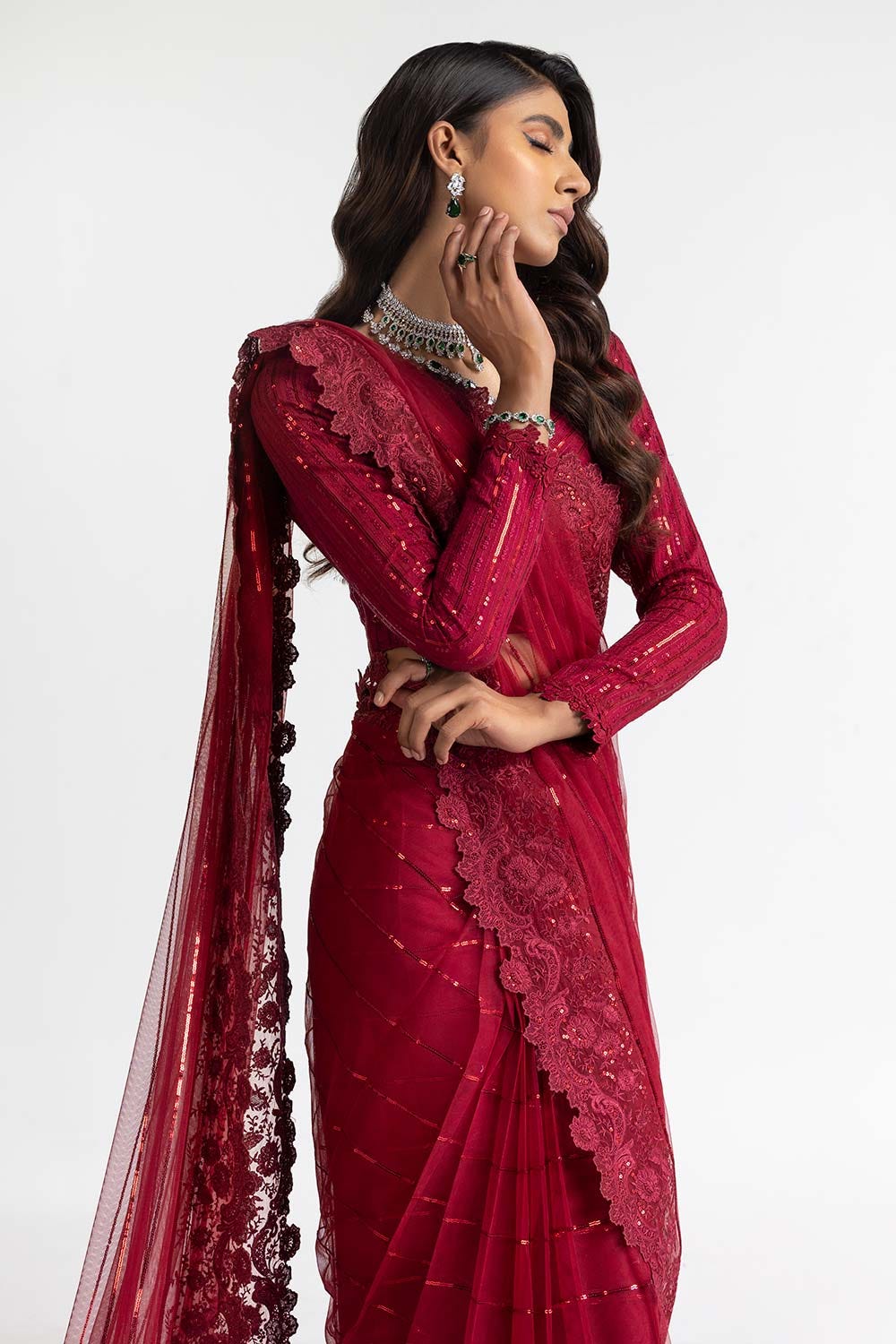 Stitched Embellished Saree and Petti Coat With Ready-to-Stitch Blouse
