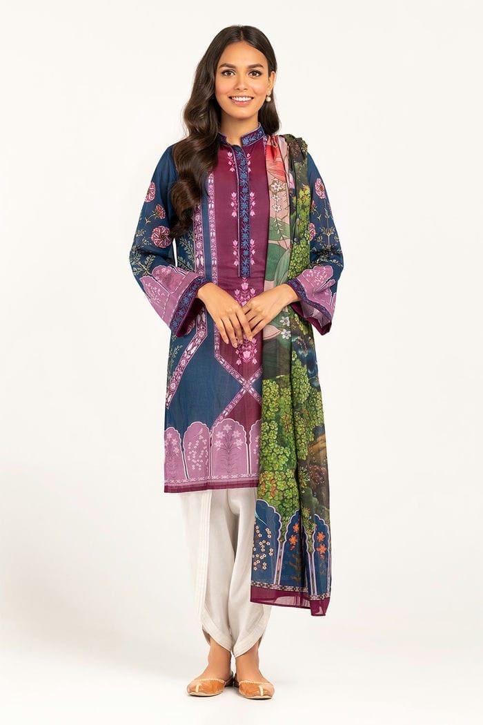 Embroidered Light  Cotton Shirt With Printed Lawn Dupatta - IPS-21-78 2 Piece