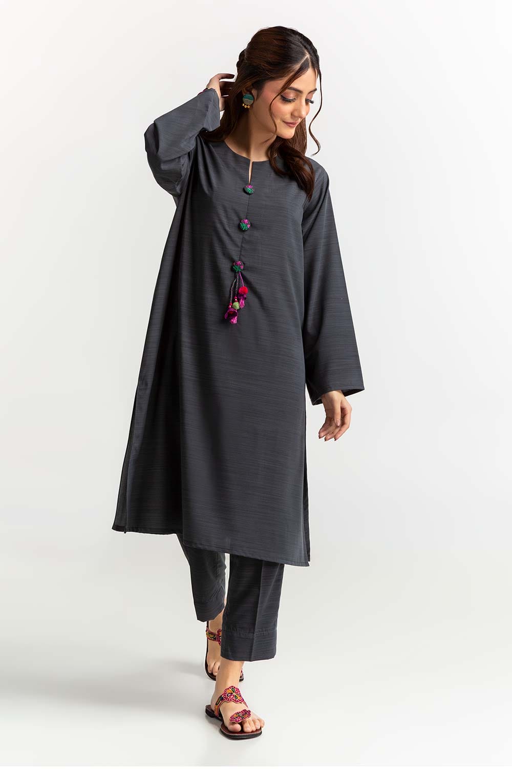 Dyed Polyester Viscose Embellished Shirt With Trouser