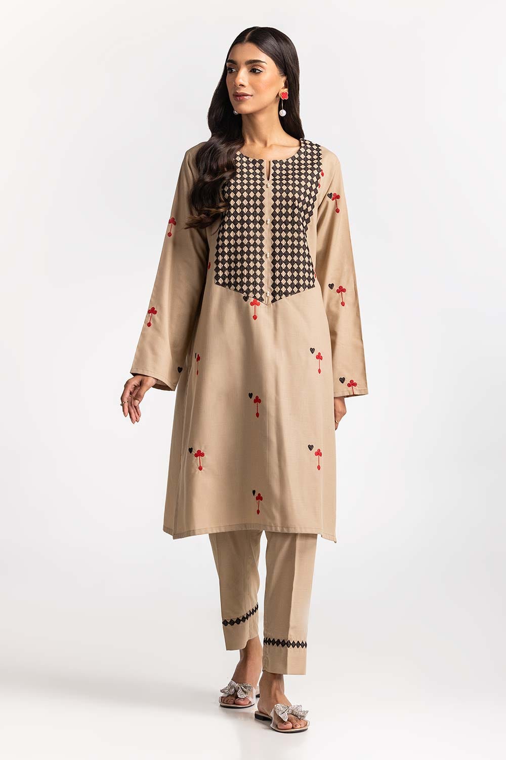 Dyed Polyester Viscose Embroidered Shirt With Trouser