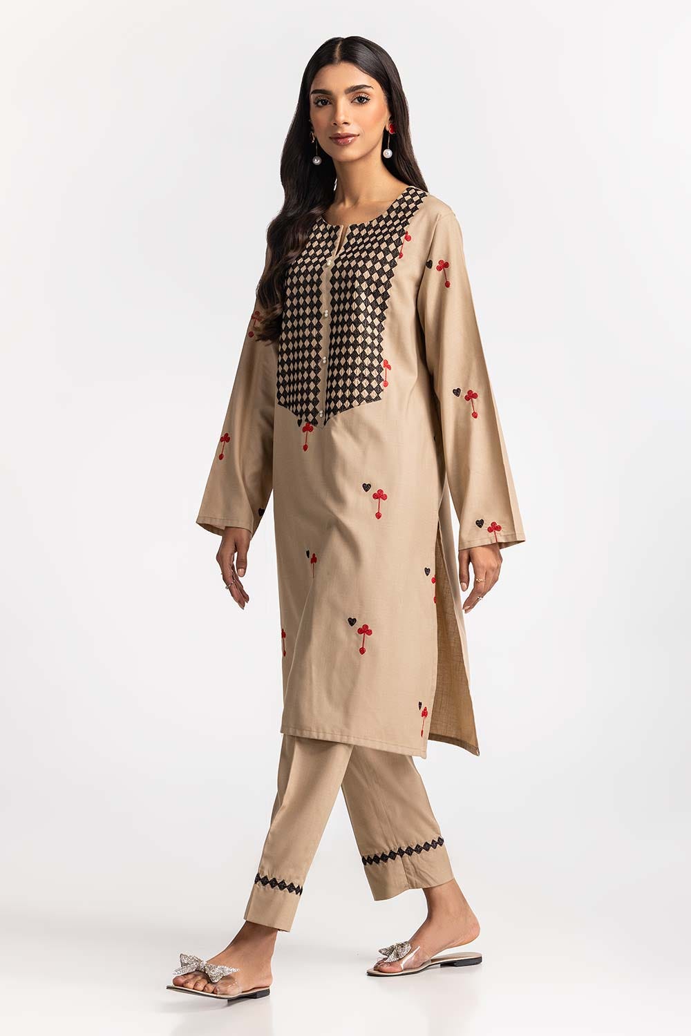 Dyed Polyester Viscose Embroidered Shirt With Trouser
