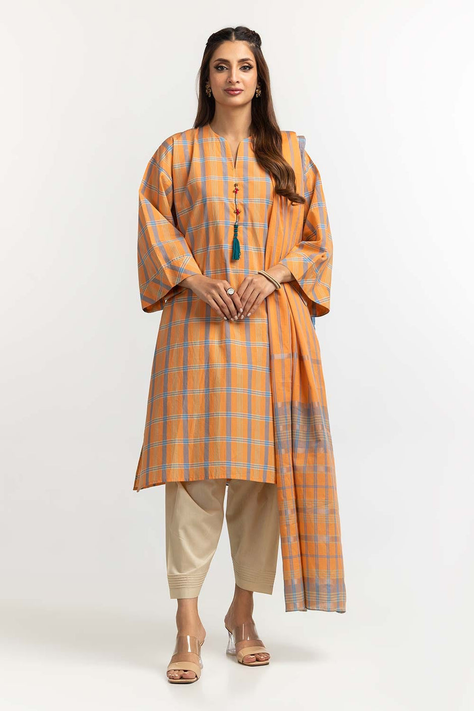 Dyed Cotton Yarn Dyed Embelished Shirt Dupatta