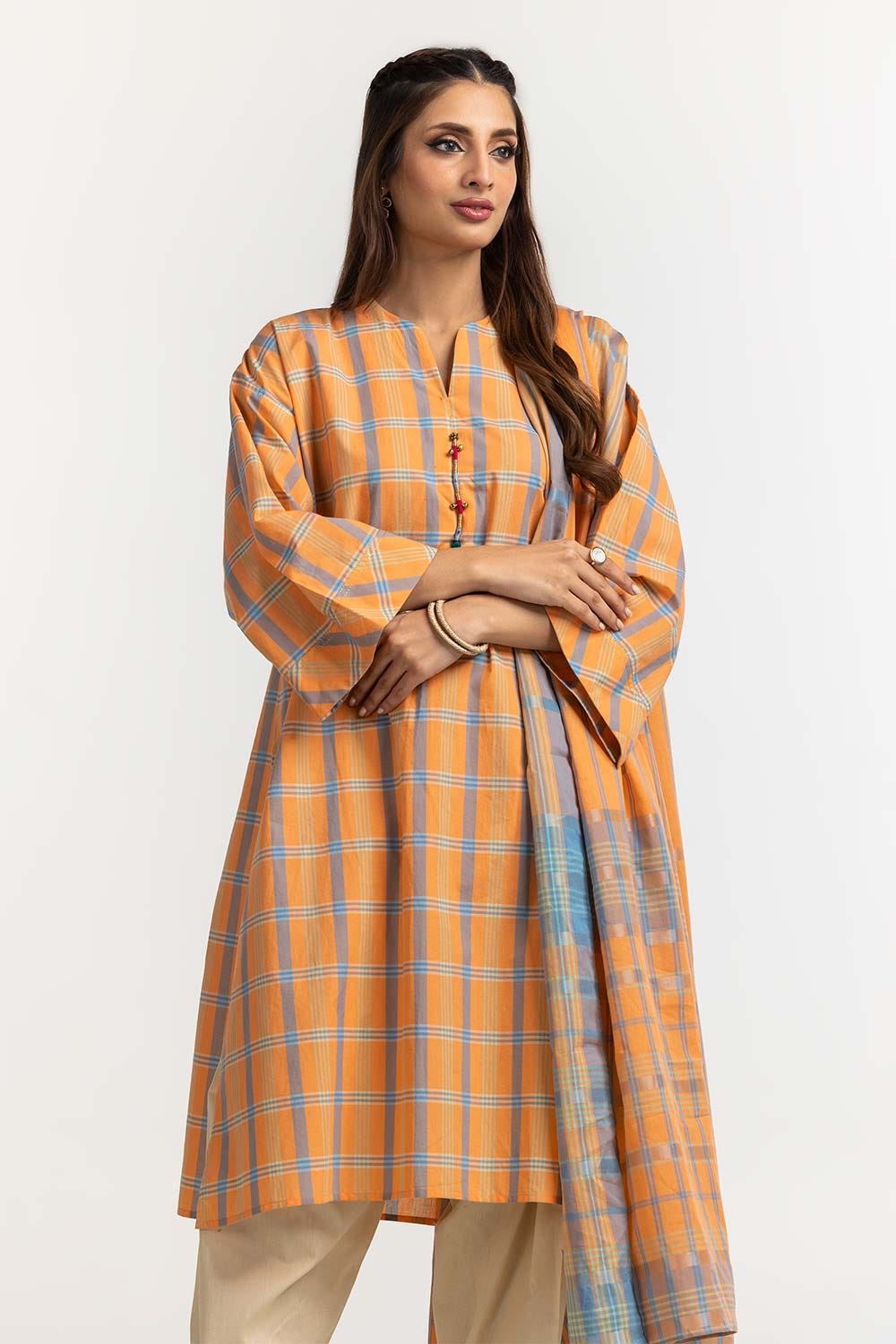 Dyed Cotton Yarn Dyed Embelished Shirt Dupatta IPS-24-145