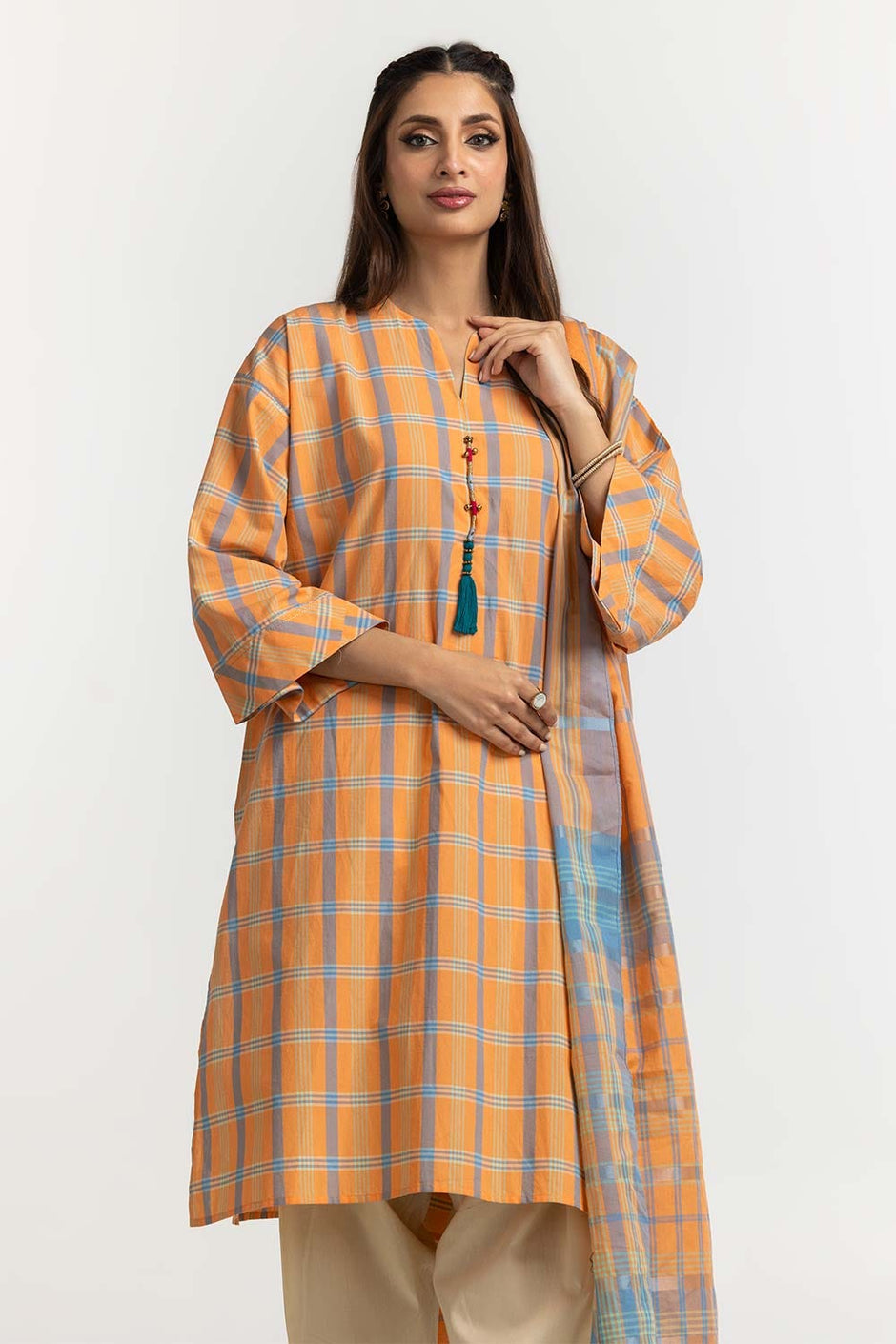 Dyed Cotton Yarn Dyed Embelished Shirt Dupatta