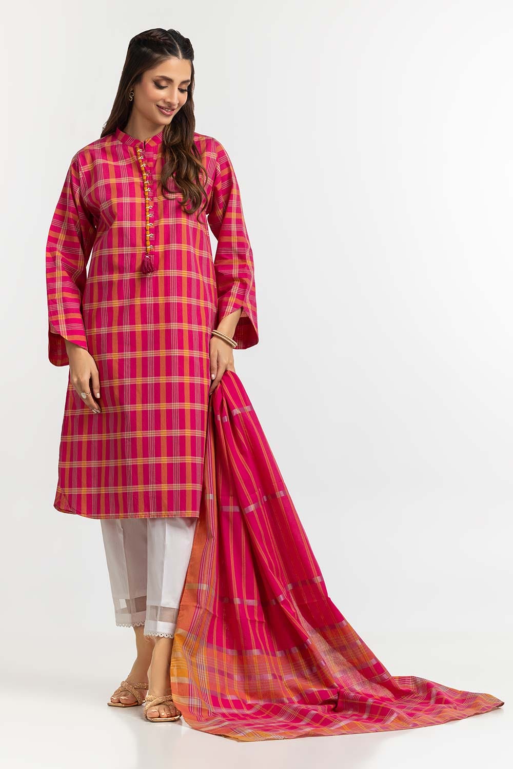 Dyed Cotton Yarn Dyed Embelished Shirt With Dupatta