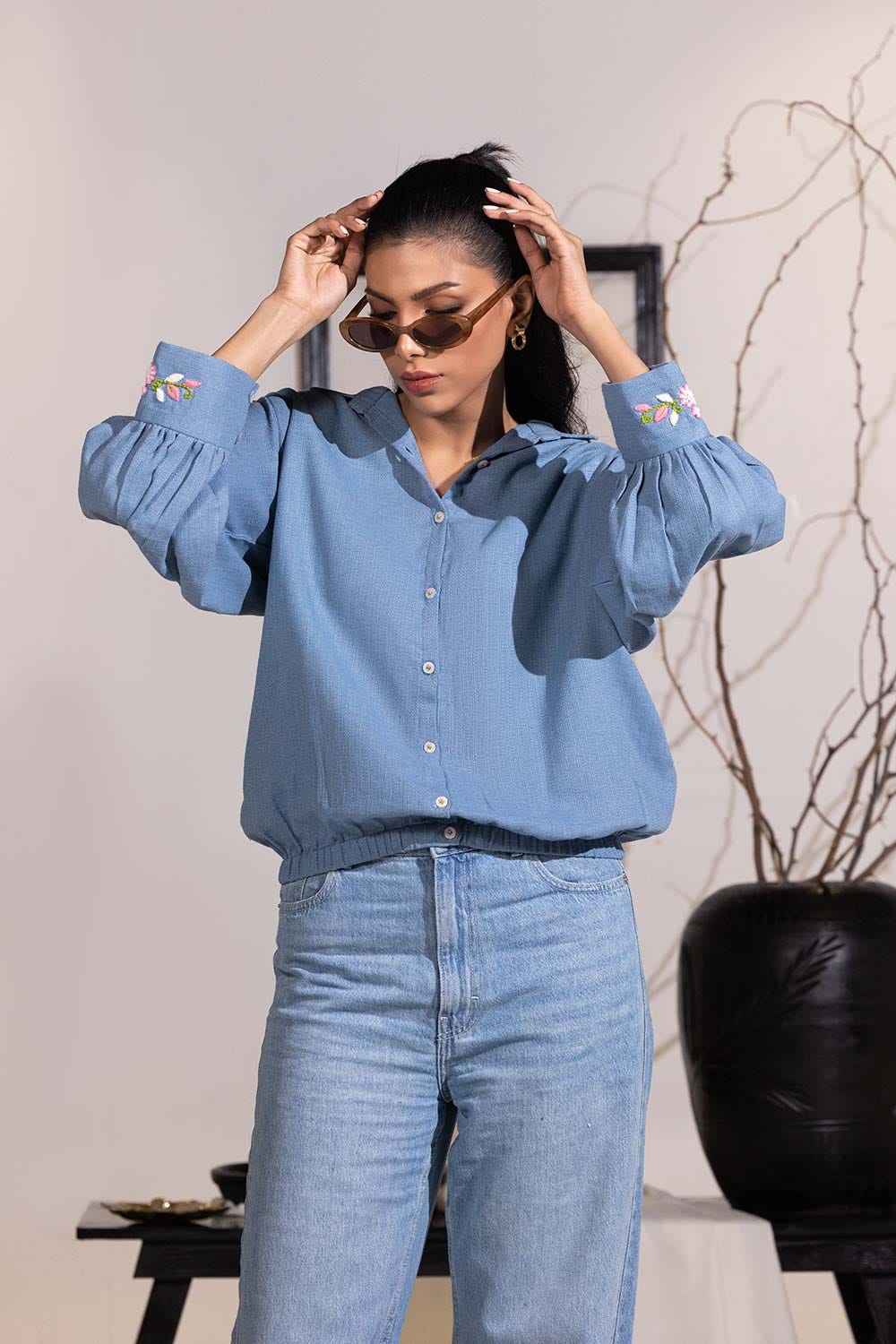 Dobby Jute Embroidered Button Down Shirt