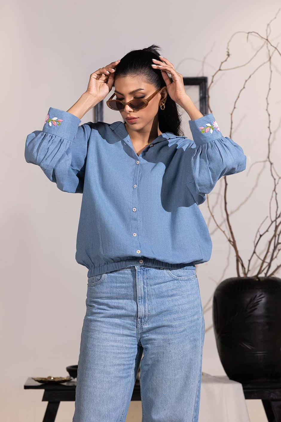 Dobby Jute Embroidered Button Down Shirt