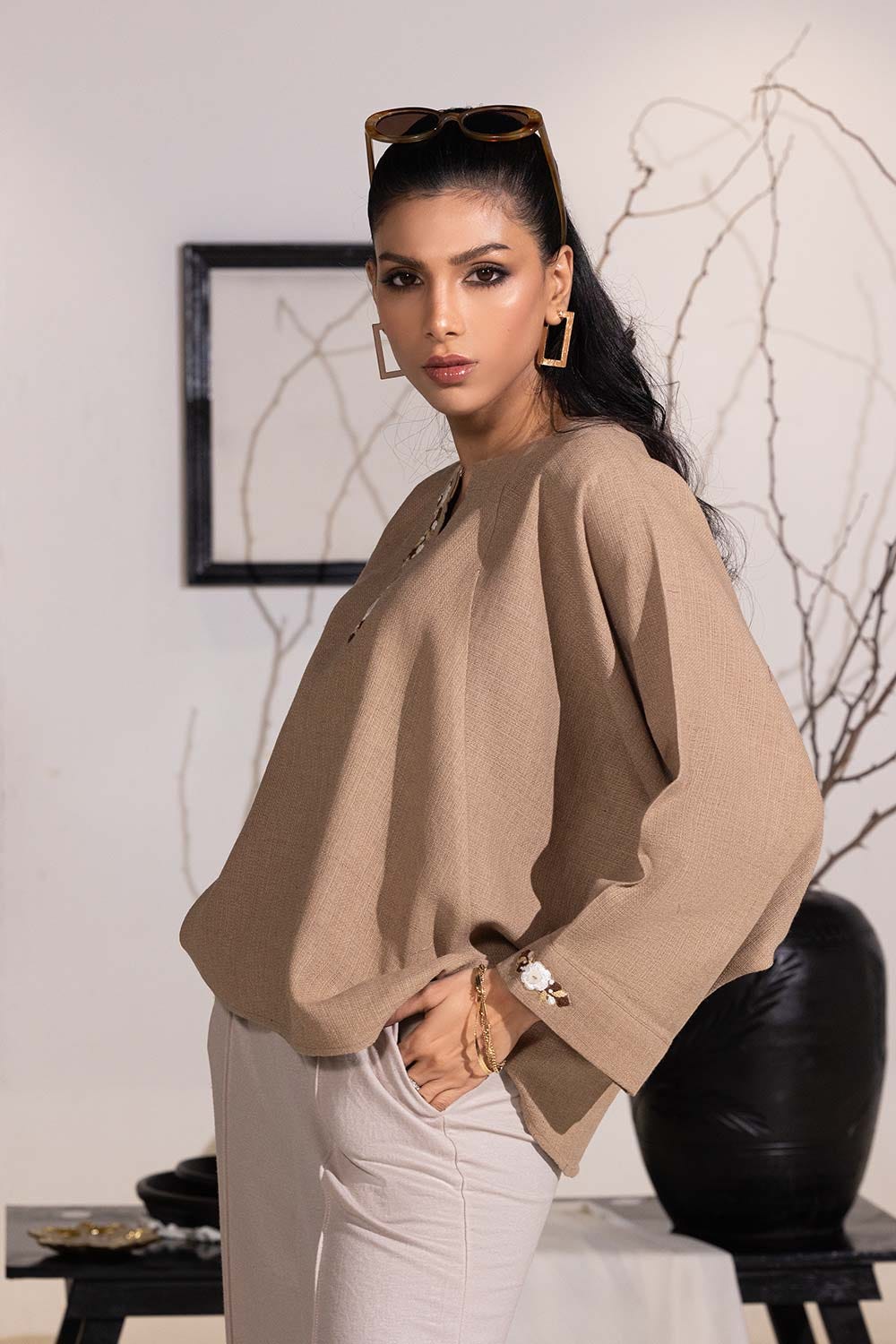 Dobby Jute Embroidered Drop Shoulder Tunic IPS-44105