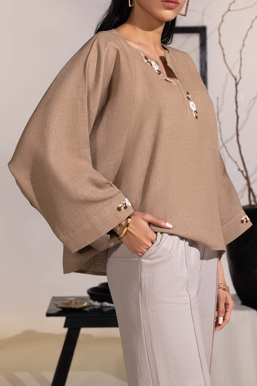Dobby Jute Embroidered Drop Shoulder Tunic IPS-44105