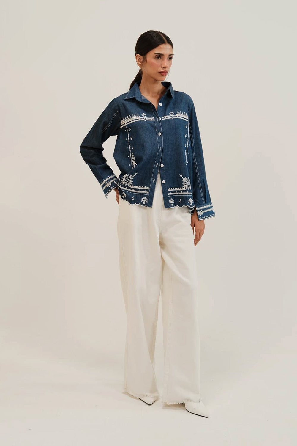 Denim Embroidered Button Down Shirt