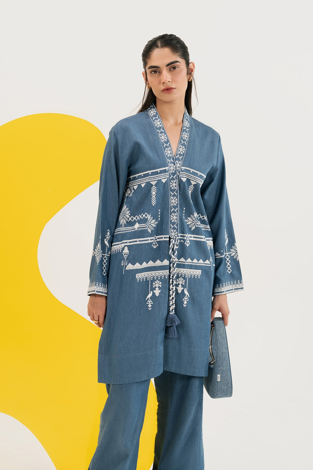 Denim Embroidered Open Shirt IPS-44127
