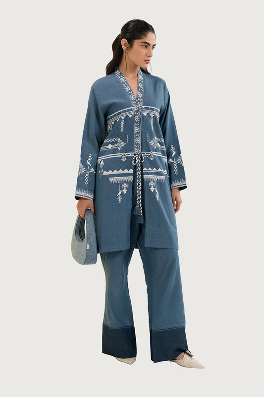 Denim Embroidered Open Shirt IPS-44127