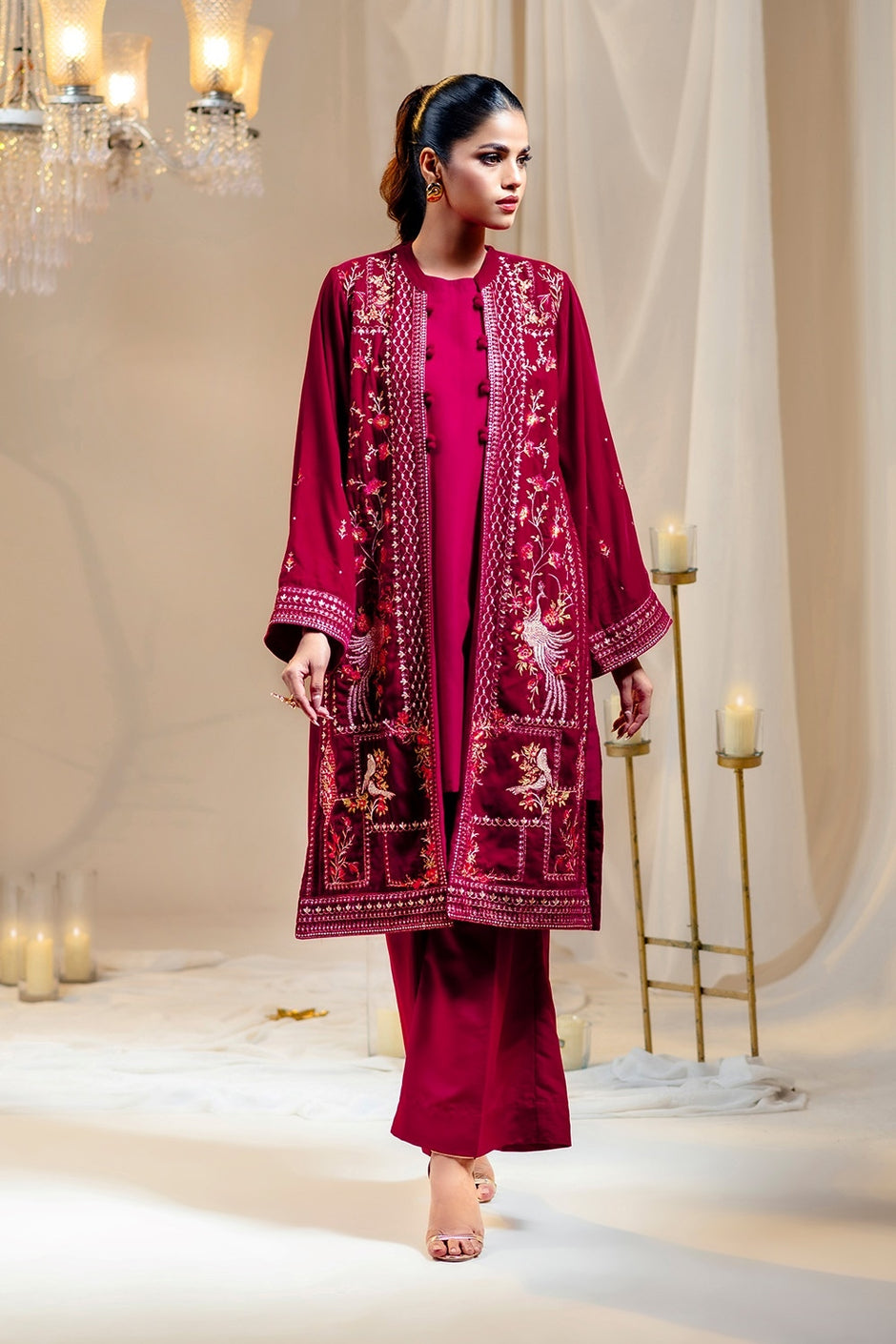 Velvet Embroidered Front Open Shirt With Inner And Dyed Trouser