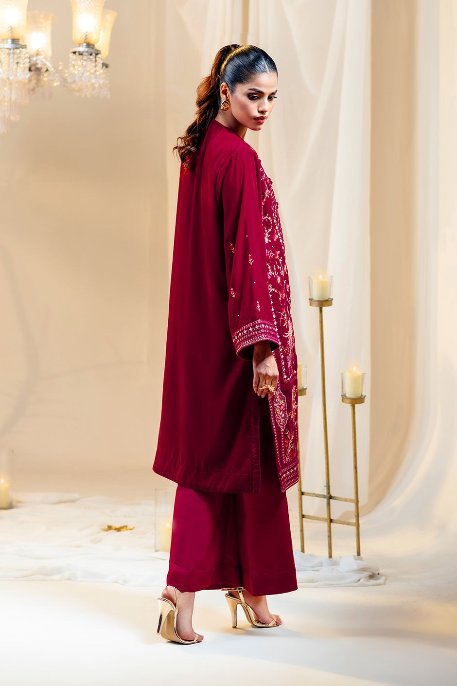 Velvet Embroidered Front Open Shirt With Inner And Dyed Trouser