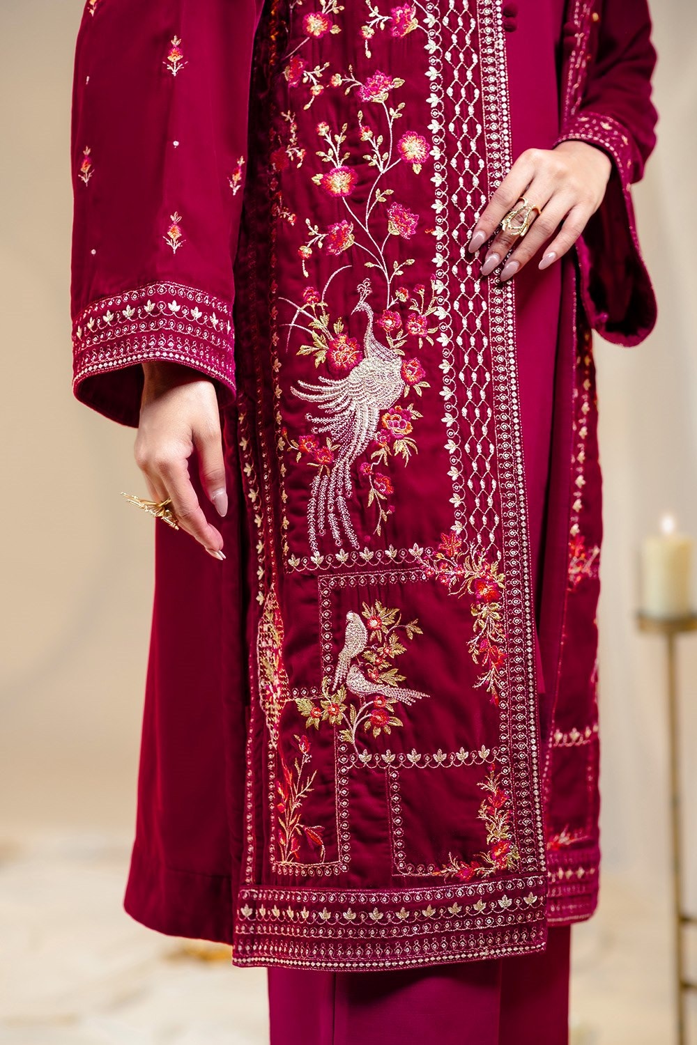 Velvet Embroidered Front Open Shirt With Inner And Dyed Trouser IPST-44218