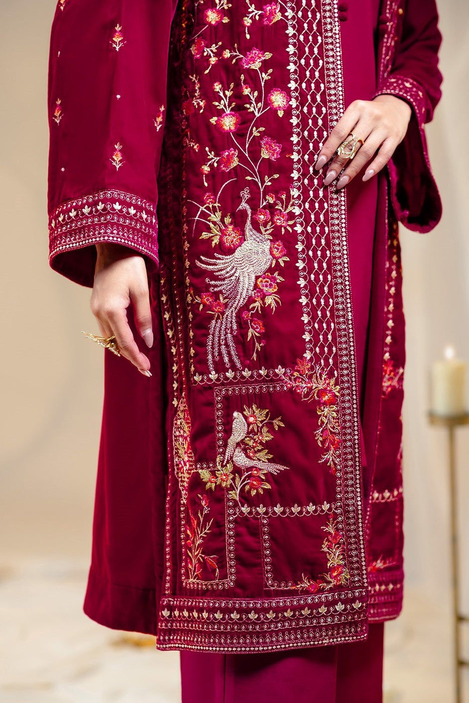 Velvet Embroidered Front Open Shirt With Inner And Dyed Trouser