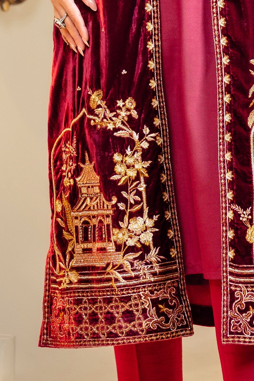 Velvet Embroidered Front Open Shirt With Inner And Dyed Trouser