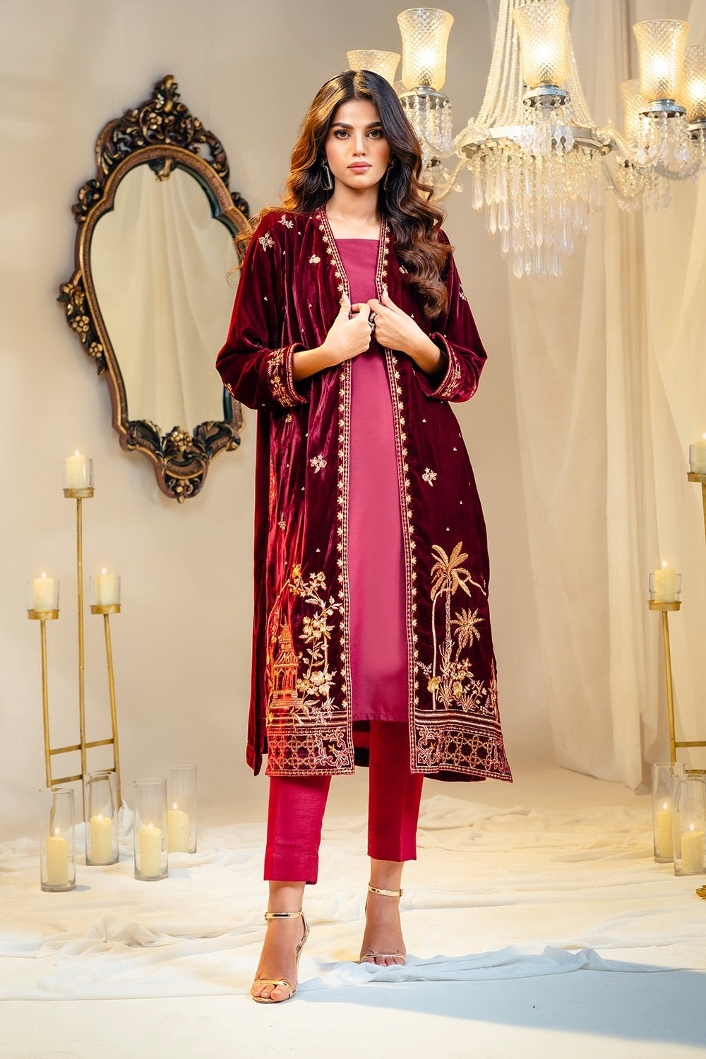 Velvet Embroidered Front Open Shirt With Inner And Dyed Trouser